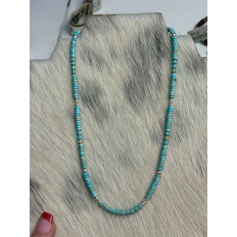 Native American Sterling Silver Navajo Pearl Blue Sea Jasper HEISHI Necklace 18” - Picture 3 of 12
